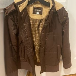 Authentic UGG bomber jacket , boys size 10/12, brown color w/ detachable hood.